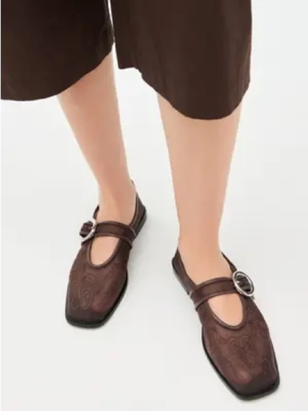 FARM Rio Brown Embossed Mary Jane Flats with Round Buckle